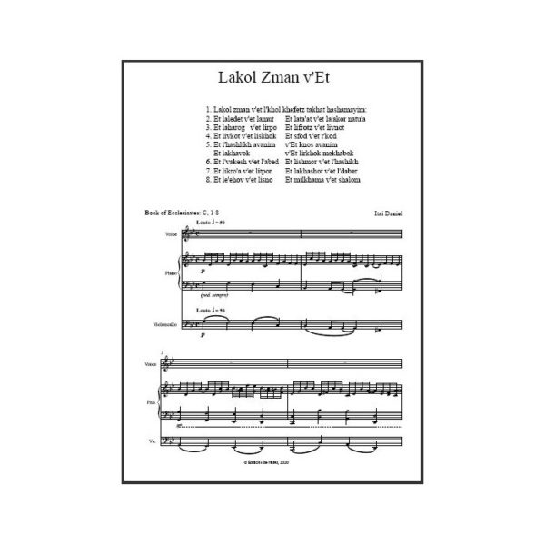 Daniel - Lakol Zman v'Et, pour soprano, violoncelle et piano - partition imprimée